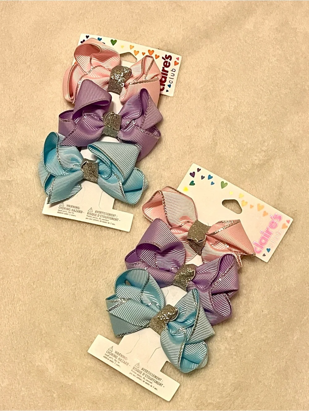 Claire's Trio Glitter Center Pastel Bow Clips - Pink, Purple, Blue - 6 clips